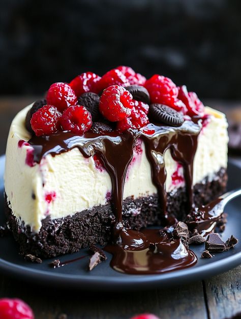 Black Forest Cheesecake Symphony   🧉 𝗜𝗻𝗴𝗿𝗲𝗱𝗶𝗲𝗻𝘁𝘀 🧉  For the Oreo Crust: - 24 Oreo cookies, finely crushed (300 g) - 1/4 cup unsalted butter, melted (60 g) For the Cheesecake Filling: - 3 (8-ounce) packages cream cheese, room temperature (680 g) - 1 cup granulated sugar (200 g) - 3/4 cup sour cream (180 ml) - 1/3 cup unsweetened cocoa powder (40 g) - 1 teaspoon pure vanilla extract (5 ml) - 3 large eggs - 1 cup cherry pie filling (240 ml) Black Forest Cheesecake Brownies, Black Forest Cheesecake Symphony, Halloween Bakes, Oreo Crust Cheesecake, Black Forest Cheesecake, Night Dessert, Cookie And Cream Cupcakes, Chocolate Poke Cake, Candy Birthday Cakes