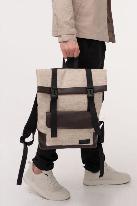 Tired of searching for the perfect backpack? Search no more with this eco-friendly, handmade, and 100% vegan roll top linen bag. It's comfortable to carry every day, made from organic materials, and you can even add personalization if you want! #backpack #linenbag #cottonbackpack Cool Fanny Packs, Backpack Designs, Backpack Aesthetic, Cotton Backpack, Roll Top Backpack, Aesthetic Backpack, Street Style Bags, Gym Tote, Trendy Backpacks