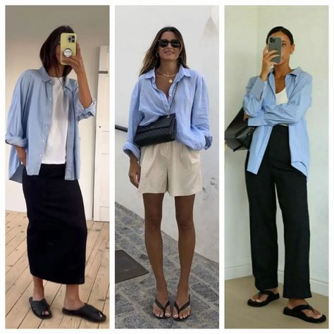 Think in blue 💙 1-9? #streetstyle #streetphotography #streetphotographyinternational #fashionweek #fashionstyle #glam #casualstyle… | Instagram Blue Shirt Summer Outfit, Blue Linen Shirt Outfit Women, Blue Shirt Outfits Women, Blue Shirt Women Outfit, Blue Shirt Outfit, Linen Shirt Outfit, Spring Summer Capsule Wardrobe, Hot Summer Outfits, Blue Shirt Women