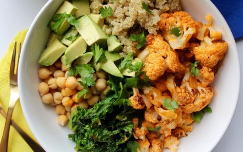 Spicy Cauliflower Power Bowl [Vegan, Gluten-Free] | One Green Planet Loaded Cauliflower Bowl, Cauliflower Rice Mexican Bowl, Cauliflower Rice Lunch Bowl, Riced Cauliflower Burrito Bowl, Cauliflower Rice Tofu Bowl, Cauliflower Recipes Healthy, Healthy Summer Dinner Recipes, Power Bowl Recipe, Spicy Cauliflower