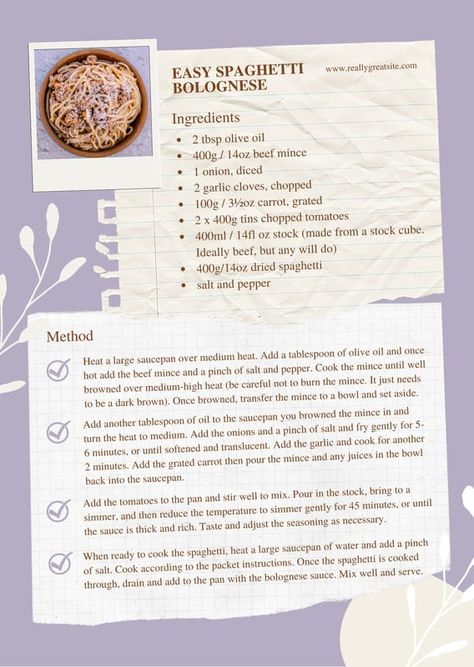 Beige Cute Recipe Card - Templates by Canva Beige Food, Spaghetti Bolognese Recipe, Recipe Card Template, Food Simple, Easy Spaghetti, Bolognese Recipe, Recipe Cards Template, Healthy Style, Recipe Template