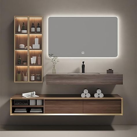 Amazon.com: ZGNBSD Bathroom Vanity with Sink - Modern Bathroom Vanity Includes Smart LED Defog Mirror and Induction Lighting Cabinet, Trendy Solid Wood Bathroom Vanity (Wood Color, 32'') : Tools & Home Improvement Bathroom Vanity Wood, Solid Wood Bathroom Vanity, Recessed Cabinet, Bathroom Ambiance, Bathroom Vanity With Sink, Vanity With Sink, Wood Bathroom Vanity, Mirror Led, Floating Bathroom Vanity