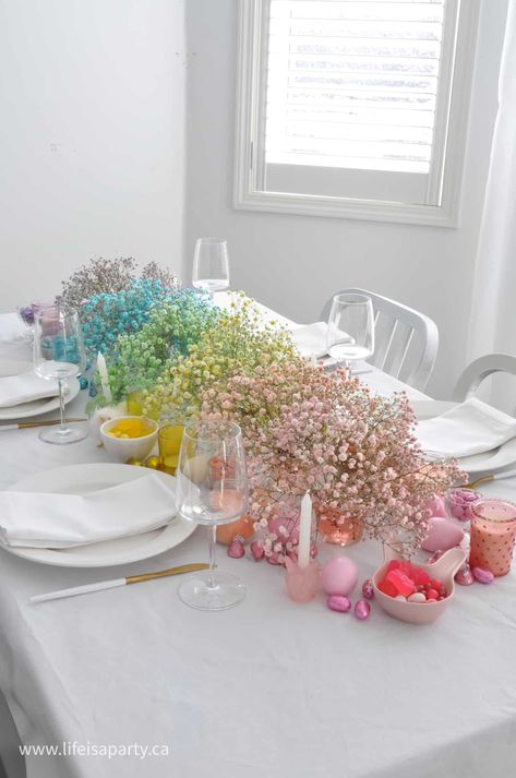 Rainbow Easter Table - Life is a Party Pastel Party Table Setting, Rainbow Flower Centerpieces, Pastel Color Table Setting, Easter Themed Birthday Party Decorations, Rainbow Party Centerpiece Ideas, Rainbow Table Decorations, Easter Party Centerpieces, Toddler Easter Party, Easter Event Ideas