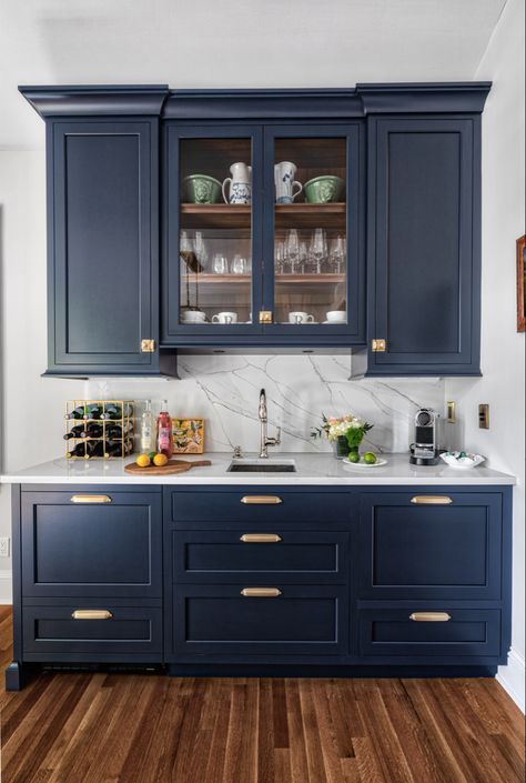 Hale Navy Kitchen Cabinets, Hale Navy Kitchen, Engineered Quartz Countertops, Bar Cabinetry, Navy Bar, Bar Makeover, Cabinet Styling, Navy Kitchen Cabinets, Buffet Bar