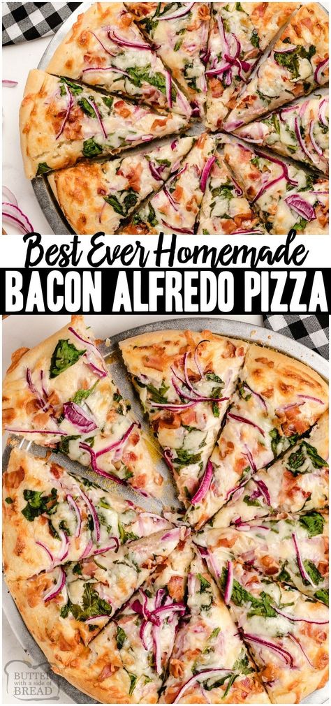 Bacon Alfredo Pizza baked fresh with cheesy Alfredo sauce topped with crispy bacon, cheese and some veggies! Easy recipe yields two Homemade Pizzas perfect for a fun weeknight dinner! #pizza #bacon #alfredo #homemade #recipe from BUTTER WITH A SIDE OF BREAD Alfredo Pizza Toppings, Bacon Pizza Recipe, Fun Pizza Toppings, Winter Pizza Recipes, Pizza Ideas Toppings, Alfredo Sauce Pizza, Alfredo Flatbread, Cheesy Alfredo Sauce, Alfredo Pizza Recipe