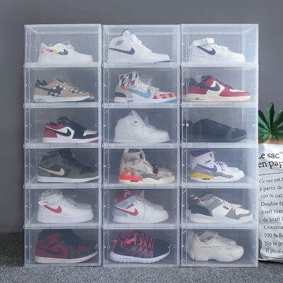 Rebrilliant Waytrim 4 Pair Foldable Stackable Shoe Box | Wayfair Clear Shoe Boxes Storage, Shoe Drawer, Shoe Storage Box, Shoe Box Storage, Sneaker Displays, Shoe Containers, Sneaker Storage, Stackable Shoe Rack, Perfectly Organized