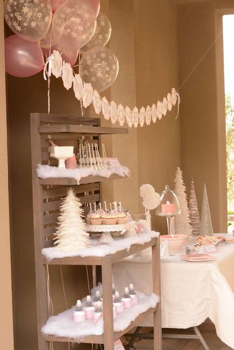 Winter Onederland birthday party decorations! See more party planning ideas at CatchMyParty.com! Winter Onederland Party Girl, Winter Onederland Cake, Table Treats, Christmas Party Table Decorations, First Birthday Winter, Winter Wonderland Birthday Party, Elegant Christmas Party, Winter Onederland Birthday Party, Onederland Party