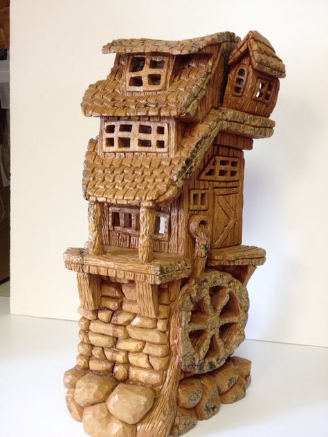 Bark carving water wheel by Reynold Brix Cottonwood Bark Carving, Whimsical Carvings, Bark Carving, Woodcarving Ideas, Whimsical Houses, Whimsical Cottage, Fairy House Crafts, Simple Wood Carving, Wood Bark