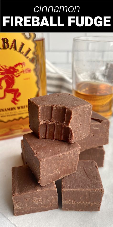 Fireball fudge is a delicious and rich chocolate fudge with a cinnamon kick. Made with cinnamon whisky, this decadent dessert is popular during the holiday season and makes great gifts. Fudge Dessert Recipes, Fireball Whiskey Gifts Ideas, Fudge With Alcohol, Fireball Fudge Easy, Fireball Fudge Recipe, Fireball Truffles, Alcoholic Fudge, Fireball Desserts, Boozy Fudge