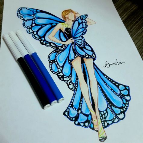 Butterfly Dress Drawing Fashion Illustrations, Butterfly Dress Illustration, Butterfly Fashion Illustration, Butterfly Dress Sketch, Butterfly Dress Drawing, Butterfly Fashion Design, Butterfly Dress Design, Fashion Illustration Poses, Fashion Illustration Tutorial