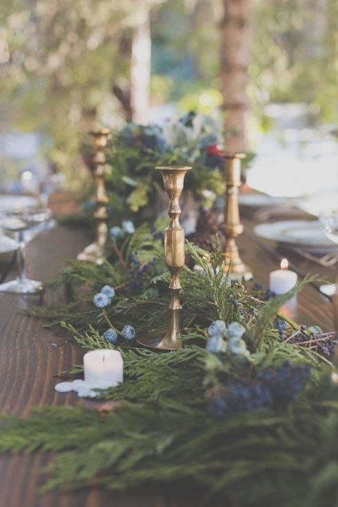 winter wedding greenery #evergreenwedding #weddingtabledecor #weddingcenterpieces #winterwedding Woodland Wedding Dress, Woodland Wedding Decorations, Evergreen Wedding, Winter Wedding Table, Candlestick Centerpiece, Flowers And Greenery, Winter Wedding Decorations, Table Runners Wedding, Winter Wonderland Wedding