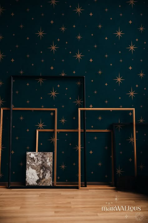 Gold Night Sky Dark Celestial Wallpaper, Stars Cosmic Wall Decor, Peel and Stick Cosmic Wall Art 92 - Etsy Sweden Tiny Cottages, Magical Ceiling, Gold Night, Celestial Bathroom, Sky Dark, Dark Celestial, Dark Home, Celestial Wallpaper, Smooth Walls