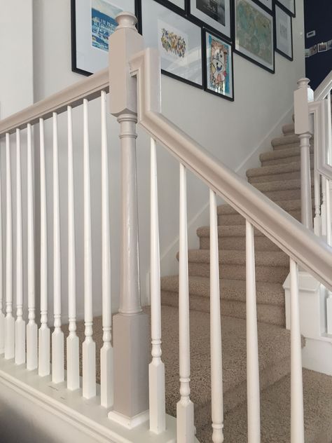 Found on Bing from www.pinterest.com Stair Handrail Paint Ideas, Stair Railing Ideas Painted, Repainting Stair Rails Banisters, Stair Railing Paint, Bannister Remodel, Painted Handrails For Stairs, Painted Railings For Stairs, Stairwell Remodel, Painted Railing