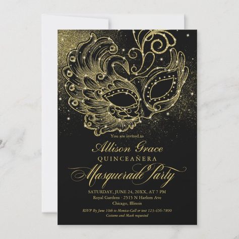 Black And Gold Sweet 16, Quinceanera Masquerade, Sweet 16 Masquerade Party, Mardi Gras Invitations, Masquerade Invitations, Gold Quinceanera, Masquerade Party Invitations, Black Invitation, Foil Invitations