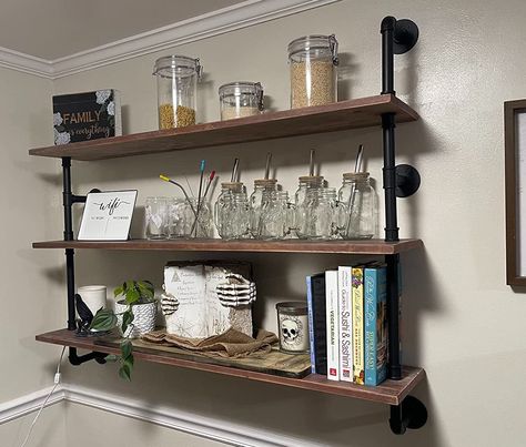 Pipe Shelves Kitchen, Farmhouse Kitchen Bar, Industrial Kitchen Shelves, Rustic Wood Shelf, Bar Shelving, Iron Pipe Shelves, Hanging Bookshelves, Industrial Wall Shelves, Shelves Industrial