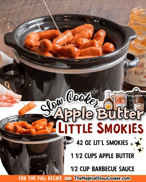 Slow Cooker Apple Butter Little Smokies are something different and delicious to serve at your next party! Apple Butter Lil Smokies, Little Winners In Crockpot, Crock Pot Weiners Lil Smokies, Apple Butter Little Smokies, Little Weenies Recipe Crockpot, Crockpot Mini Weenies, Crock Pot Weenies Lil Smokies, Cocktail Sausage Recipes Lil Smokies, Little Smokies Recipes Crockpot