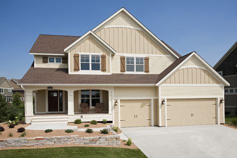 Keep it classy with neutrals. This home in Bennett looks beautiful with its beige siding, white trim, and carmel colored accents. Cream House Exterior, Beige Siding, Beige House Exterior, House Siding Ideas, Lp Siding, Tan House, Exterior House Siding, Siding Ideas, James Hardie