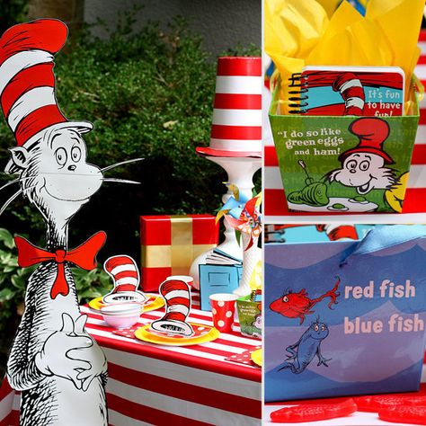 Dr. Seuss Themed Birthday Party Ideas Cat In The Hat 3rd Birthday Party, Cat In The Hat First Birthday Party, Cat In The Hat Table Decorations, Cat In The Hat Birthday Party Centerpieces, Celebrate Dr Seuss Birthday, Cat In The Hat Birthday, Hat Birthday Party, Dr Seuss Party Ideas, Cat In The Hat Party