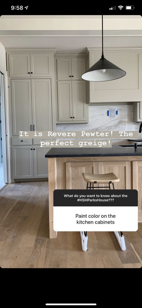 Kitchen Cabinets Painted Revere Pewter, Kitchen With Revere Pewter Cabinets, Pantry With Bar Counter, River Reflections Kitchen Cabinets, Wall Color For Revere Pewter Cabinets, Pewter Interior Doors, Kitchen Cabinets Revere Pewter, Kitchen Revere Pewter Cabinets, Timeless Painted Kitchen Cabinets