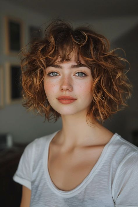 Wavy Hair Bob Haircut With Bangs, Wavy Bob Bangs Hairstyles, Perm With Fringe, Short Curly Hair And Bangs, Short Auburn Curly Hair, Curly Lob Bangs, Curly Short Haircuts With Bangs, Short Curly Hairstyles Braids, Short Haircut Ideas For Curly Hair