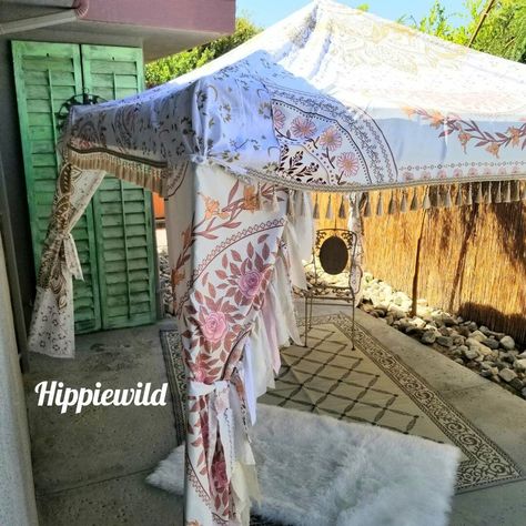 Gazebo Makeover, Vintage Camper Redo, Outside Canopy, Alley Ideas, Reading Tent, Boho Canopy, Market Tent, Festival Tent, Patchwork Decor