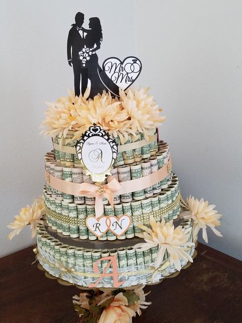 Wedding Money Cake Money Cake Wedding Gift, Wedding Money Cake Ideas, Wedding Money Cake, Money Wedding Cake, Kado Nikah, Wedding Cake Gift, Money Birthday Cake, Present Cake, Wedding Gift Money