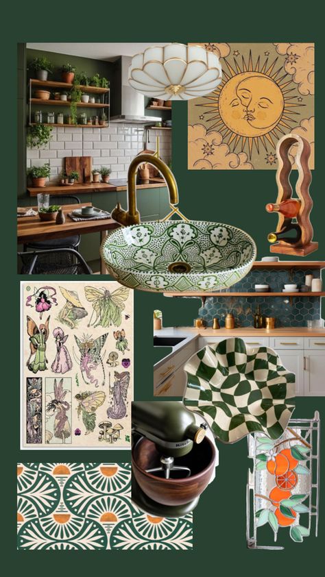 Green and Wood Garden Fairy Kitchen Boho Green Kitchen, Orange And Green Kitchen, Emerald Green Kitchen, Green Kitchen Aesthetic, Fairy Kitchen, Hippie Kitchen, Botanical Interior, Dark Green Kitchen, The Burrow