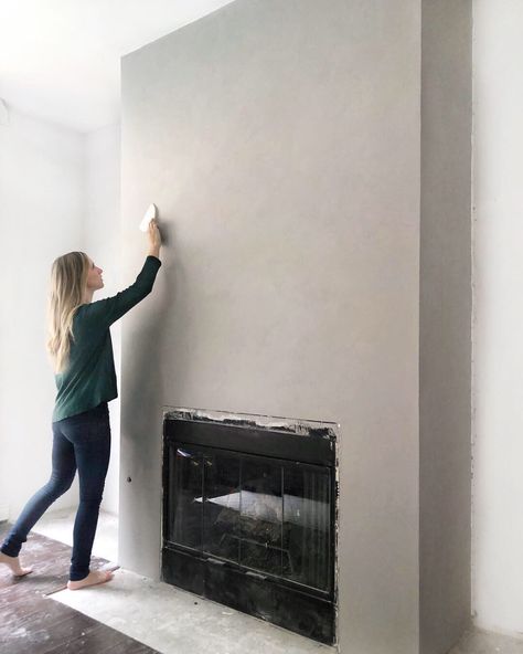 Cement Look Fireplace, Angela Rose Home, Faux Concrete Wall, Stucco Fireplace, Portola Paint, Angela Rose, Fireplace Redo, Diy Fireplace Makeover, Batten Wall