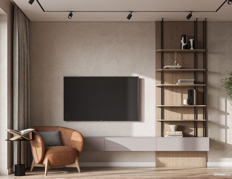 Simple Modern Tv Unit, Living Room Tv Wall With Bookshelves, Modern Tv Wall Units With Storage, Apartment Tv Wall Ideas, Tv Wall Decor Simple, Tv Unit Minimal, Over The Tv Wall Decor, Tv Wall Design Simple, Tv Unit Design Simple