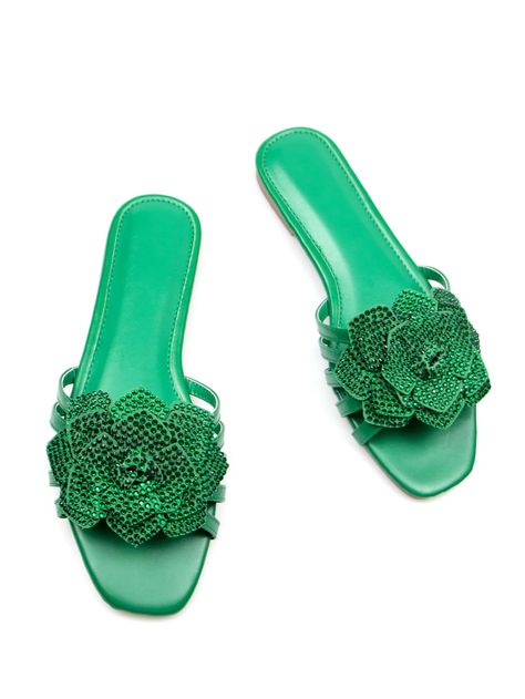 Women Rhinestone Decor Slides, Satin Glamorous Sandals Green Sorority Accessories, Green Things, Sandal Shoes, Summer Flats, Rhinestone Decor, Summer Chic, Ladies Shoes, Stylish Shoes, Amazing Products