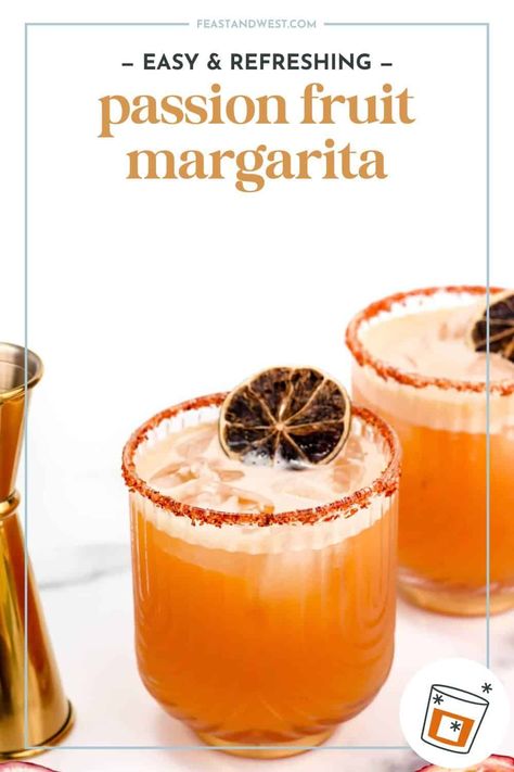 The margarita is perfect for passion fruit because it’s already a sweet-tart cocktail. The tropical tanginess of passion fruit adds a totally delicious twist to tequila and citrus.  https://feastandwest.com/passion-fruit-margarita/ Passion Fruit Margarita Recipe, Recipes With Fruit Cocktail, Passion Fruit Margarita, Fruit Margarita, Prickly Pear Margarita, Passion Fruit Syrup, Margarita Salt, National Margarita Day, Mezcal Cocktails