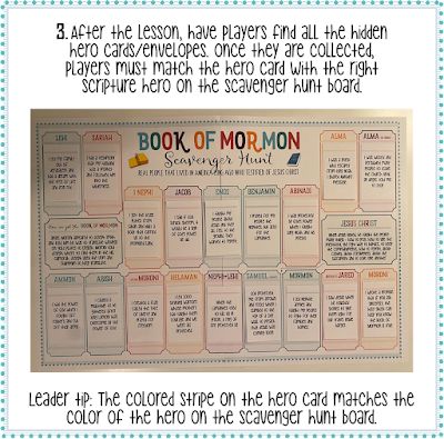 Primary Activity Ideas: Primary Activity Book of Mormon Scavenger Hunt - Scripture Hero Lesson and Trivia - Come follow me, Family Home Evening Book Of Mormon Scavenger Hunt, Scripture Scavenger Hunt, Primary Activity Ideas, Primary Activity Days, Primary Activity, Primary Books, Primary Activities, Youth Activities, Family Home Evening