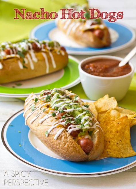 Nacho Hot Dog Recipe | ASpicyPerspective.com #hotdog #summer #nachos #recipe Hot Dog Recipes Creative, Hot Dog Recipe, Nacho Toppings, Tortilla Chip Recipe, Hot Dog Bar, Burger Dogs, A Spicy Perspective, Hot Dog Recipes, Chapati