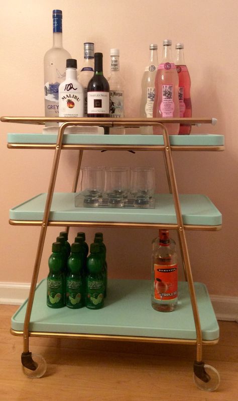 Retro Cosco Bar Cart | district of decor Retro Plant Stand, Diy Mcm Plant Stand, Retro Bar Cart Styling, 70s Aesthetic Bar Cart, 70s Bar Cart, Mcm Bar Cart, Retro Basement Ideas, 70s Bar, Vintage Bar Cart