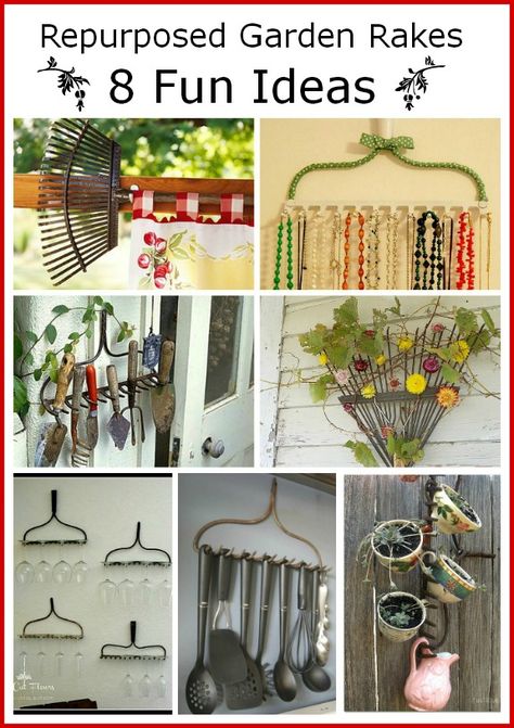 What do you do with a rake that you can’t use anymore?   Here are a few practical  & decorative ways to repurpose old rakes. DIY projects, upcycle projects Rake Decor, Decorating Garden, Old Garden Tools, Rake Head, Garden Rake, Decoration Pieces, Upcycle Garden, Magic Garden, Repurposed Items