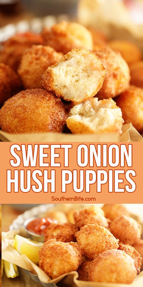 These quick and easy Sweet Onion Hush Puppies are the perfect side for your fried fish. With just a hint of sweetness and tons of great cornmeal flavor, this recipe is crispy on the outside but tender and moist on the inside. Recipe For Hush Puppies, Hush Puppies Recipe With Corn, Easy Hush Puppy Recipe, Fish Fry Sides, Family Casserole, Puppy Recipes, Hush Puppies Recipe, Hush Puppy, Spoon Bread