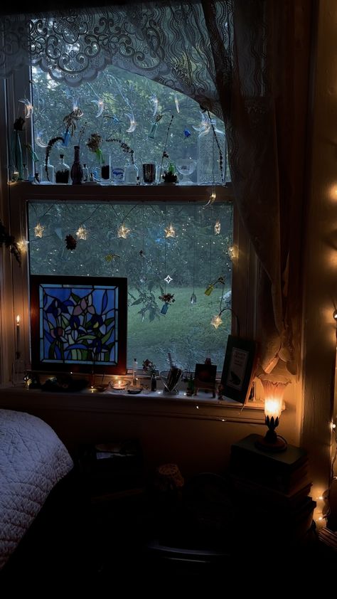 Canopy Ideas Bedroom, Black Attic Bedroom, Rain Room Decor, New Age Decor, Midwest House Aesthetic, Whimsigothic Decor Bedroom, Witchy Cottage Bedroom, Blue Whimsigoth Bedroom, Whimsigothic Room Decor