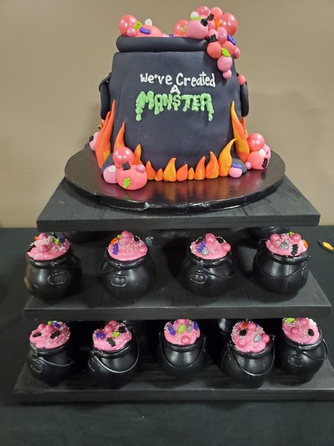 Halloween baby shower cake. Witches Cauldron. We've created a Monster. Its a girl. With mini cauldrons! Spooky Halloween Gender Reveal, We Created A Monster Baby Shower Ideas, Oh Sheet Its A Ghoul, Gender Reveal Spooky, Spooky Gender Reveal Cake, Gender Reveal Cake Halloween, Little Monster Baby Shower Ideas, Witch Themed Baby Shower Ideas, Baby Shower Themes Halloween