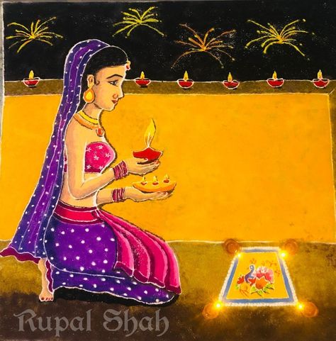 Lady Holding Diya Rangoli, Lady Rangoli Designs Diwali, Lady Rangoli, Rangoli Drawing, Diya Rangoli, Rangoli Side Designs, Diwali Rangoli, Rangoli Designs Diwali, Rangoli Designs