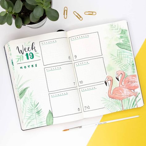 Bujo Weekly Spread, Journal Weekly, Bullet Journal How To Start A, Flamingo Theme, Bullet Journal Tracker, Bullet Journal Weekly Spread, Monthly Themes, Bujo Inspiration, Weekly Spread