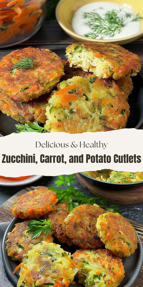 Zucchini, Carrot, and Potato Cutlets  Ingredients:  Zucchini- 500g Carrot - 200 g Potatoes - 300 g Green garlic Garlic - 2-3 cloves Grated cheese - 100  #Healthy&Delicious #ZucchiniCarrotPotatoCutlets Zucchini Potato Carrot Recipes, Zucchini Carrot Potato Patties, Green Zucchini Recipes, Zucchini And Carrot Recipes, Potato Zucchini Recipes, Zucchini Carrot Fritters, Vegetable Patties, Veggie Fritters, Zucchini Side Dishes