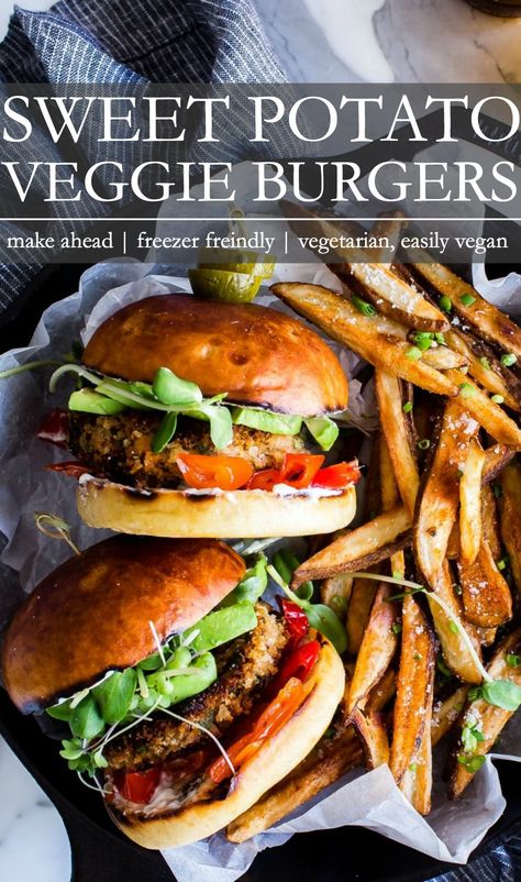 Veggie Burger Sweet Potato, Sweet Potato Burger Patties, Vegetarian Burgers Recipe, Vegetarian Burger Recipes, Sweet Potato Burger Recipe, Vegan Patties Recipe Veggie Burgers, Sweet Potato Patty, Meal Prep Sweet Potatoes, Vegetarian Sweet Potato Recipes