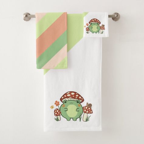 Aesthetic Lover, Striped Bath Towels, Cartoon Frog, Mushroom Hat, Cute Frog, Cottage Core Aesthetic, Kawaii Style, Inspo Board, Cute Cartoon Animals