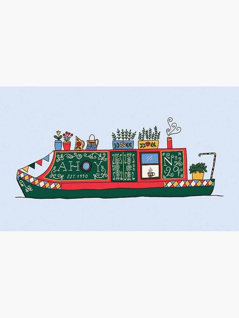 "Narrowboat illustration" Greeting Card for Sale by CamilaDyer | Redbubble Tugboat Drawing, Narrowboat Life, Canal Boat Art, Watercolor Whimsical, Canal Art, Barge Boat, Whimsical Houses, Boat Card, Canal Barge