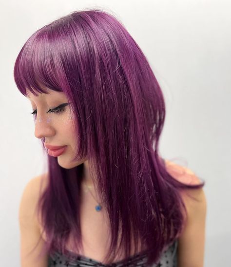 Stocking Hair Color, Purple Hair Tones, Dark Purple Bob Hair, Periwinkle Purple Hair, Pink Purple And Brown Hair, Plum Pink Hair, Purple With Pink Highlights, Light Magenta Hair, Purple Hair With Pink Money Piece