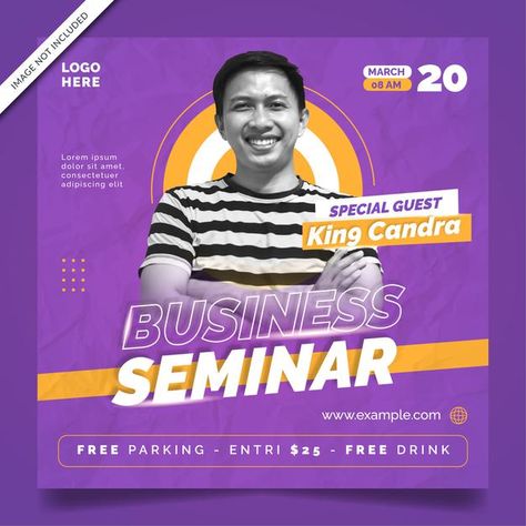 Seminar Poster Design Events, Poster Design Purple, Purple Poster Design, Seminar Poster Design, Webinar Banner, Seminar Flyer, Speakers Design, Business Seminar, Purple Poster