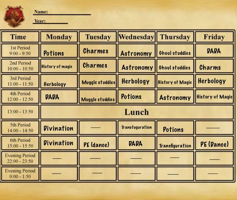 Gryffindor Timetable, Hogwarts Timetable Fifth Year, Hogwarts Timetable, Harry Potter Timeline, Shifting Ideas, Class Timetable, Harry Potter Classroom, Harry Potter Printables, Hogwarts Dr