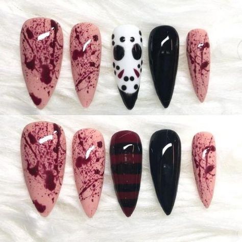 Current Nail Trends 2023, October Nails Halloween, Current Nail Trends, Freddy Vs Jason, Horror Nails, Holloween Nails, Halloween Acrylic Nails, Cute Halloween Nails, October Nails