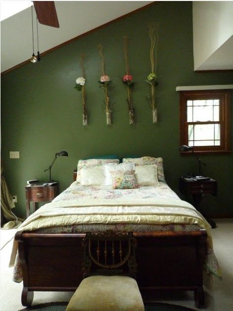 White Room With Dark Green Accent Wall, Bedroom Decor Forest Green, Green Painted Rooms Bedrooms, Cottage Bedroom Green Walls, Dark Moss Green Paint, Green Bedroom Dark Wood, Green Walled Bedroom, Olive Green Walls Bedroom, Bedroom Ideas Green Walls