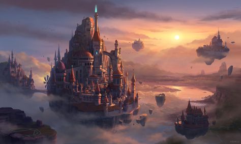 Castle in the sky, MEMESU . on ArtStation at… Orc Architecture, Flying City, Décor Steampunk, Fantasy Houses, Dragon Flies, City Sky, Castle Art, Castle In The Sky, Fantasy City